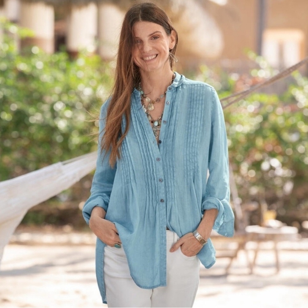 Sundance Katina Linen Pintuck Pleated Button Up Top Womens Small Blue